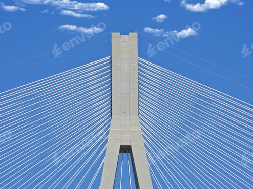 Preview: Ultra Zoom Detail Photo Of Famous Cable Strayed Rio Antirio Bridge Crossing From Mainland Greece To