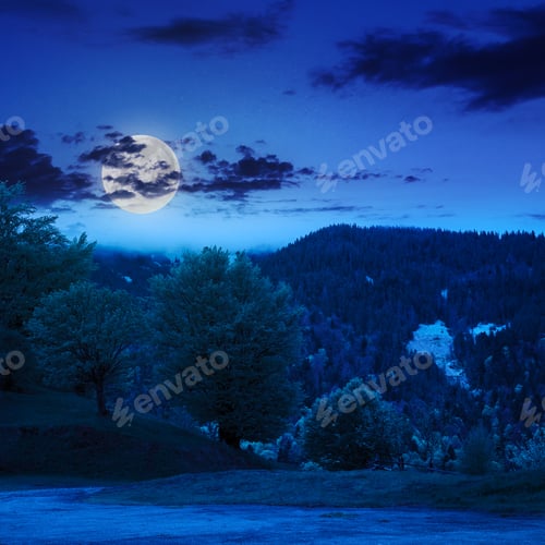 Preview: Summer Landscape. Fence Near The Meadow Path On The Hillside With Forest On The Mountain At Night
