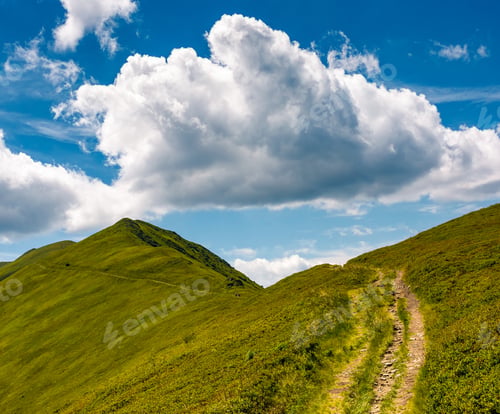 Preview: Tourist Footpath Through Mountain Ridge. Beautiful Summer Landscape Under The Gorgeous Blue Sky