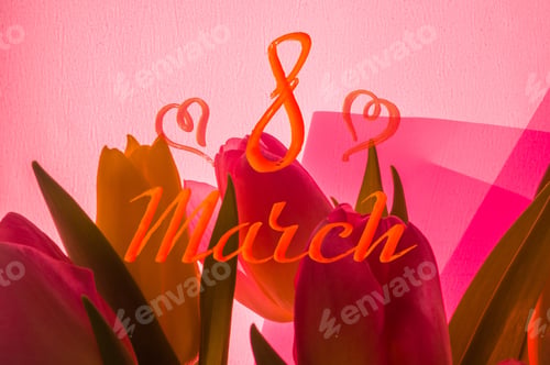 Preview: Holiday Card - A Bouquet Of Fresh Spring Pink And Yellow Tulips, Holiday Greetings, Handwritten