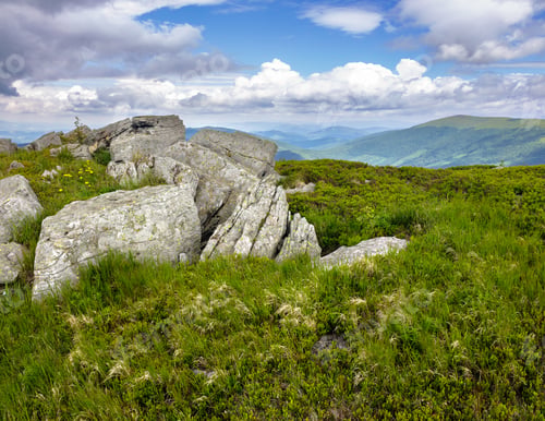 Preview: Mountain Summer Landscape. Meadow With Huge Stones Among The Grass On Top Of The Hillside Near The