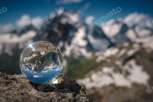 Preview: Transparent Glass Sphere And Snow-Capped Peaks In The Background. Concept And Idea Of Travel