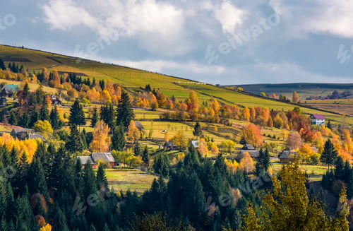 Preview: Village On Hillsides In Mountains. Beautiful Countryside Scenery With Yellow Trees