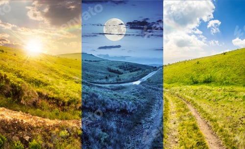 Preview: Day And Night Collage Of Composite Highland Landscape. With Pine Forest Far Away Near The Road