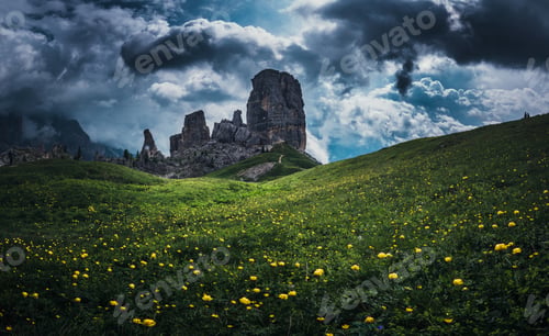 Preview: Cinque Torri In The Italian Dolomites Mountains With Beautiful Flowers In The Foreground.