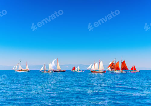 Preview: Several Old Classic Wooden Sailing Boats During A Classic Boats Regatta In Spetses Island In Greece