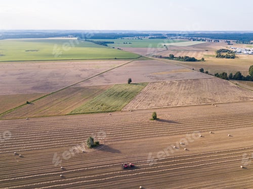Preview: Aerial: Stubble Field With Straw Bales At Late Summer. Polish Landscape From Drone.