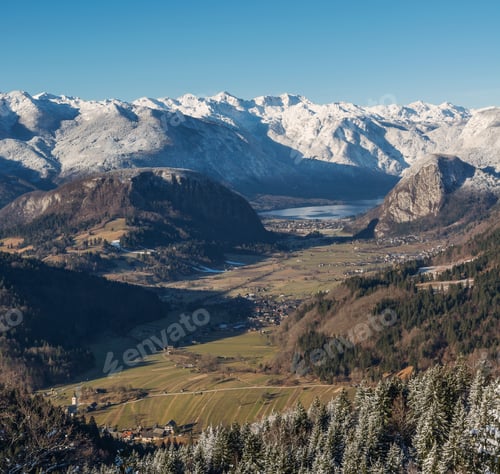 Preview: Amazing View From Valentinov Razglednik View Point. Villages At Bohinj Lake Under The Snowy