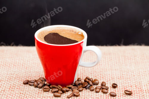 Preview: Coffee Beans And Cup With Coffee With Burlap Texture