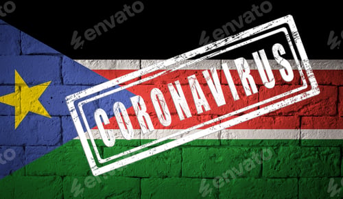 Preview: Flag Of The South Sudan On Brick Wall Texture. Stamped Of Coronavirus. Corona Virus Concept. On The