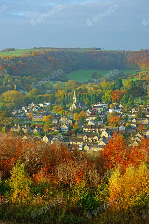 Preview: An Autumn Aerial View Over A Misty Woodchester Village From Rodborough Common, The Cotswolds