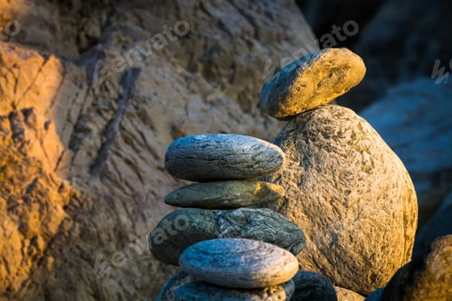 Preview: Stones Pyramides On The Beach In Sunset