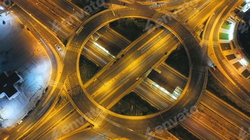 Preview: Aerial Drone High Speed Night Photo Of Urban Elevated Toll Ring Road Junction And Interchange