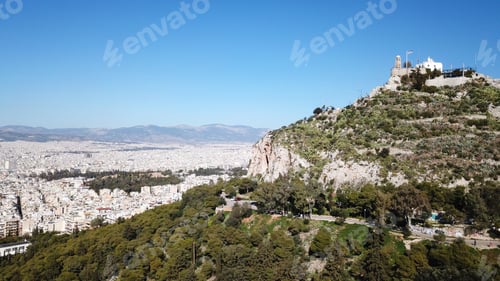 Preview: Aerial Birds Eye View Photo Taken By Drone Of Lycabettus Hill And Iconic Saint George Chapel On