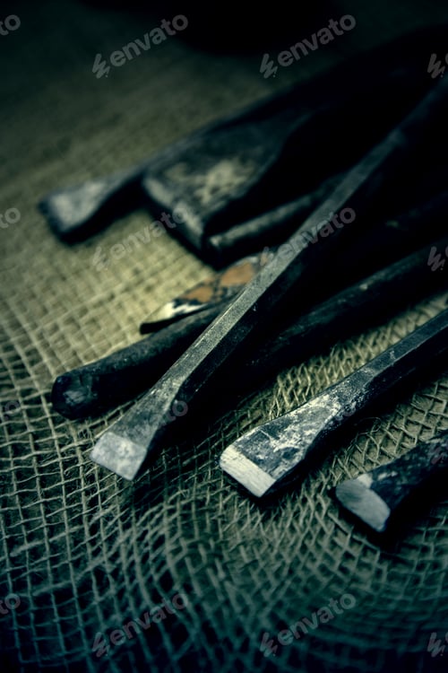Preview: Old Tools For Carving Stone Of Handmade Way, Detail Of Old Manual Craft