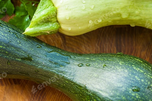 Preview: Still Life - Fresh Whole Zucchini, Eggplant And Parsley On A Wooden Board, Close Up