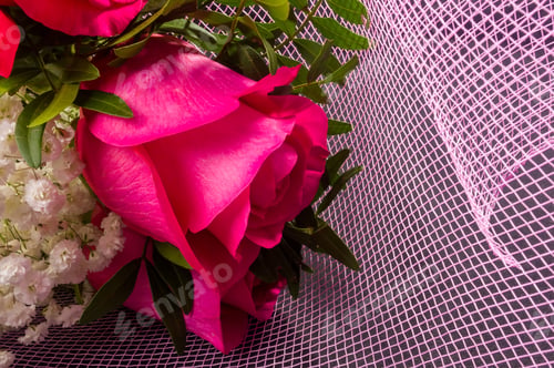 Preview: Background For A Greeting Card - A Bouquet Of Fresh Red Roses In A Festive Package