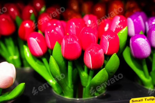 Preview: Traditional Wooden Colorful Tulips In Souvenir Shop. Amsterdam, Netherlands