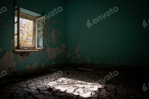 Preview: Interior Of A Dirty And Empty Demolished Abandoned With Open Window And Dry Cracked Mud