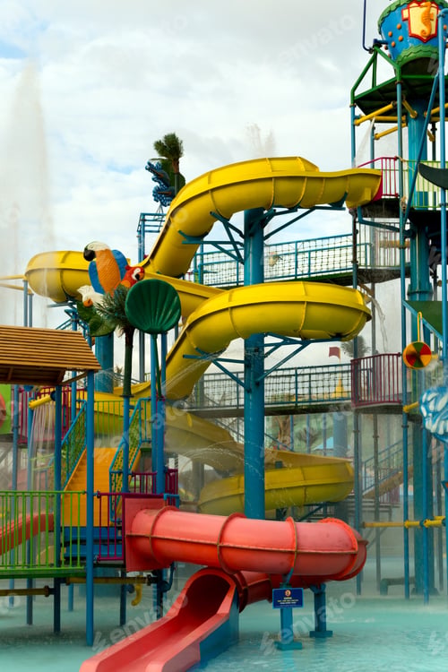 Preview: Colorful Sliders In The Water Park, Water Spray Battle Zones Aquapark.