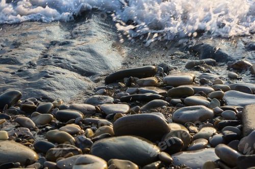 Preview: Pebble Stones On The Sea Beach, The Rolling Waves Of The Sea With Foam