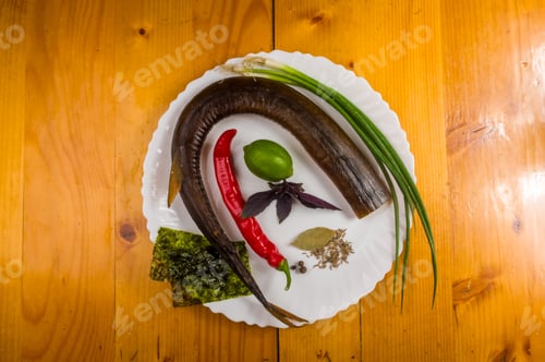 Preview: Smoked Garfish With Lime, Basil, Green Onions, Chili, Nori Chips, Spices, Olive Oil In A White