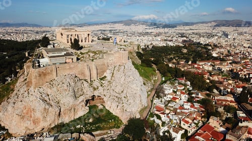 Preview: Aerial Birds Eye View Photo Taken By Drone Of Iconic Acropolis Hill And The Parthenon, Athens