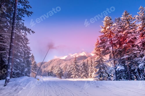 Preview: Bansko Resort Panoramic View With Ski Road Slope, Pink Mountain Peals At Sunrise, Bulgaria