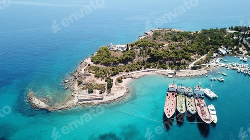 Preview: Aerial Drone Bird'S Eye View Of Vegitated Area Of Kouzounas With Greek Navy Lighthouse And Small