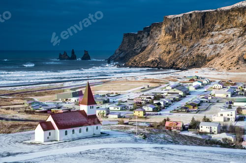 Preview: Icelandic Village Of Vik, Southeast Iceland With The Vik I Myrdal Church At The Top Of The Hill