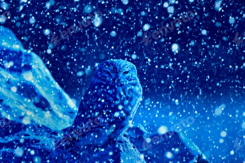 Preview: Winter Season And Animals. Falling Snow. Blue Nature Background. Li̇ttle Owl.