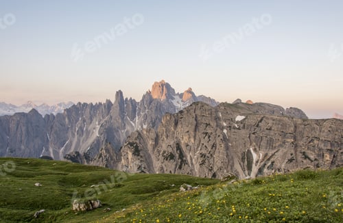 Preview: Mountains Panorama Of The Dolomites At Sunrise With Clouds. Photograph Is Showing Tre Cime Di
