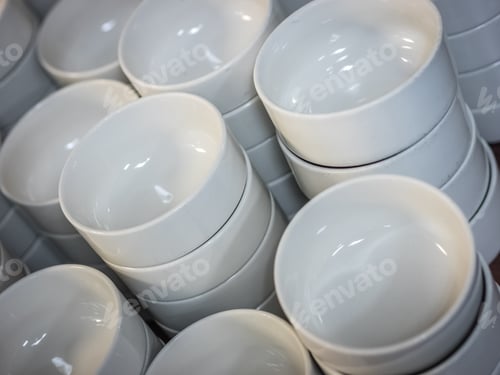 Preview: Pile Of Clean White Small Bowls On A Table In A Self Service Breakfast Restaurant In A Hotel