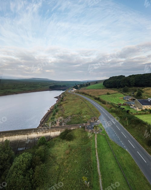 Preview: Aerial View Of Baitings Reservoir With The Rochdale Road Running Alongside, Calderdale, West