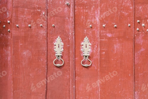 Preview: Red Door Decorated, Detail Of An Old Wooden Door Painted Red Textured Background