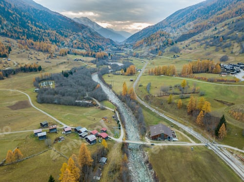 Preview: Aerial View Of Mountain Valley In Switzerland. Fall Colors During Indian Summer