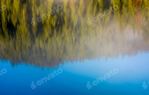 Preview: Beautiful Abstract Nature Background Of Lake Surface Reflecting Spruce Forest Textures And Blue Sky