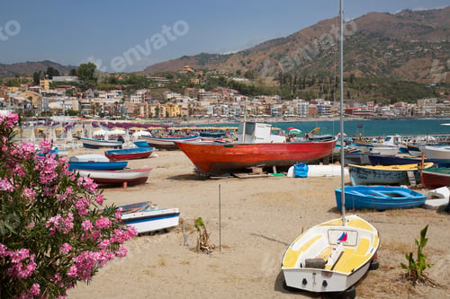 Preview: Sunny Mediterranean Holiday Coastline With Tourist Facilities And Anchored Yachts, Dingy, Boats And