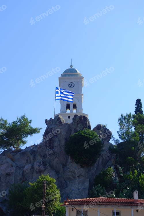 Preview: Famous Landmark Clock Tower In Port Of Poros Island, Saronic Gulf, Greece