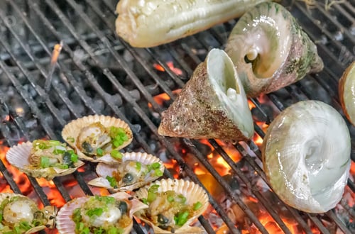 Preview: Barbecue Fire Grill, Shellfish Molluscs Seashells, Oysters Delicacies Seafood Cuisine Background