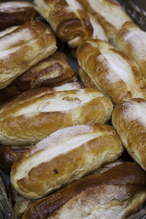 Preview: Milk Buns Artisans With Sugar, Detail Of Old Pastry Shop, Sweet Dessert