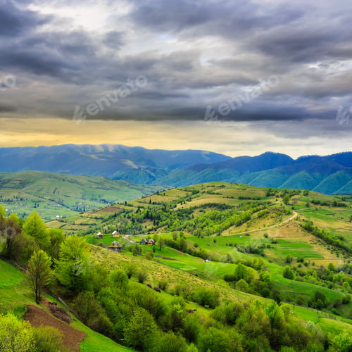 Preview: Summer Landscape. Village On The Hillside. Forest On The Mountain Light Fall On Clearing On