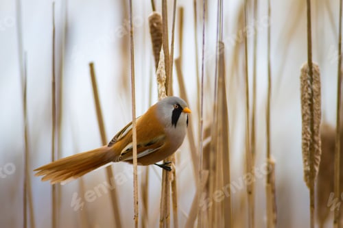 Preview: Funny Bird. Nature Background Bearded Reedling / Panurus Biarmicus