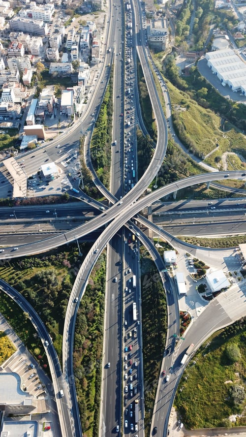 Preview: Aerial Drone Bird'S Eye View Of Popular Highway Of Attiki Odos Multilevel Junction Road, Passing