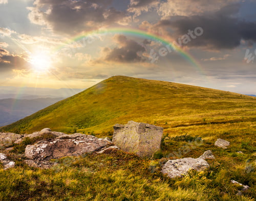 Preview: Composite Landscape With White Sharp Boulders On The Hillside Near Mountain Peak In Sunset Light