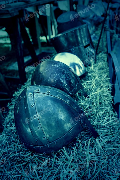 Preview: Old Medieval Helmets, Detail Of Some Ancient War Helmets, Protection And Destruction