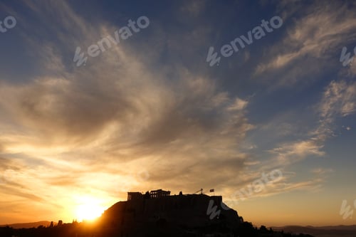 Preview: Iconic Acropolis Hill And The Parthenon As Seen From Rooftop At Sunset With Golden Colours And