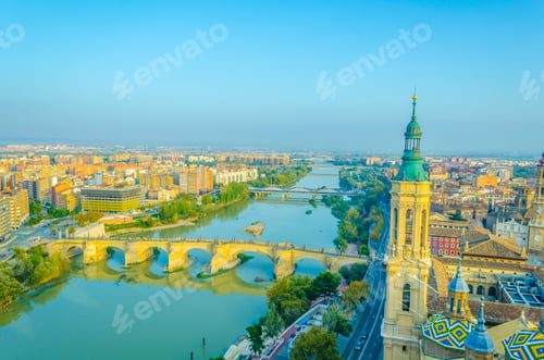 Preview: Aerial View Of The Puente De Piedra And Puente De Pilar In The Spanish City Zaragoza