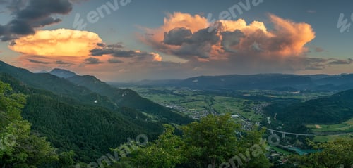 Preview: Vivid Sunset In The Hills With A Great View Over The Valley. Amazing Clouds At Sunset.