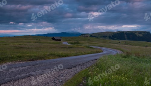 Preview: Cottages At Alpe Di Siusi At Sunrise In The Dolomites